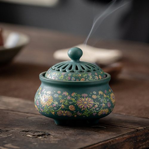 珐琅彩盘香炉家用彩绘陶瓷香薰炉室内办公熏香炉中式禅意香道摆件