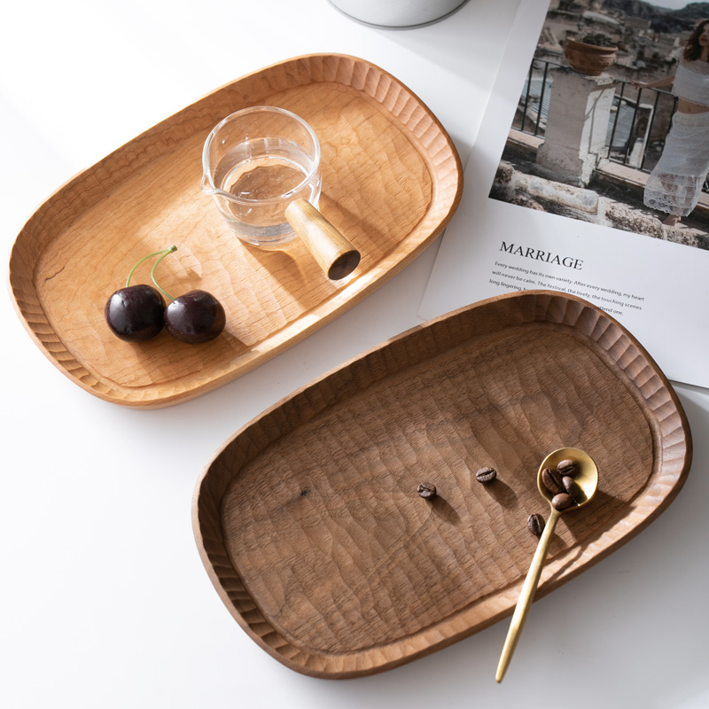 千端实木小托盘黑胡桃椭圆形咖啡盘下午茶盘点心干果盘手作雕刻盘