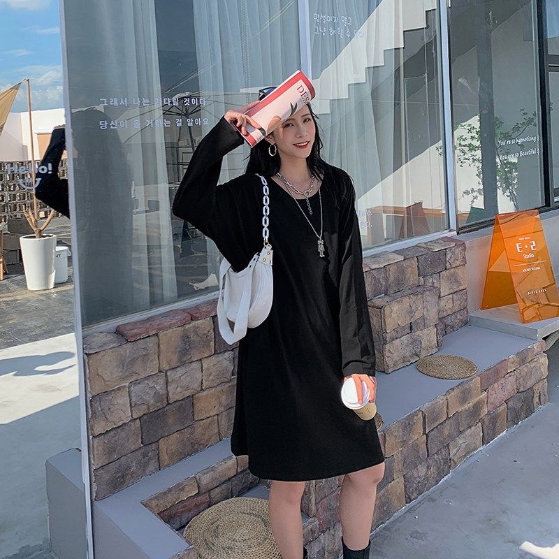 大圆领t恤女长袖2025春秋大码宽松中长款过膝韩版慵懒风纯棉打底