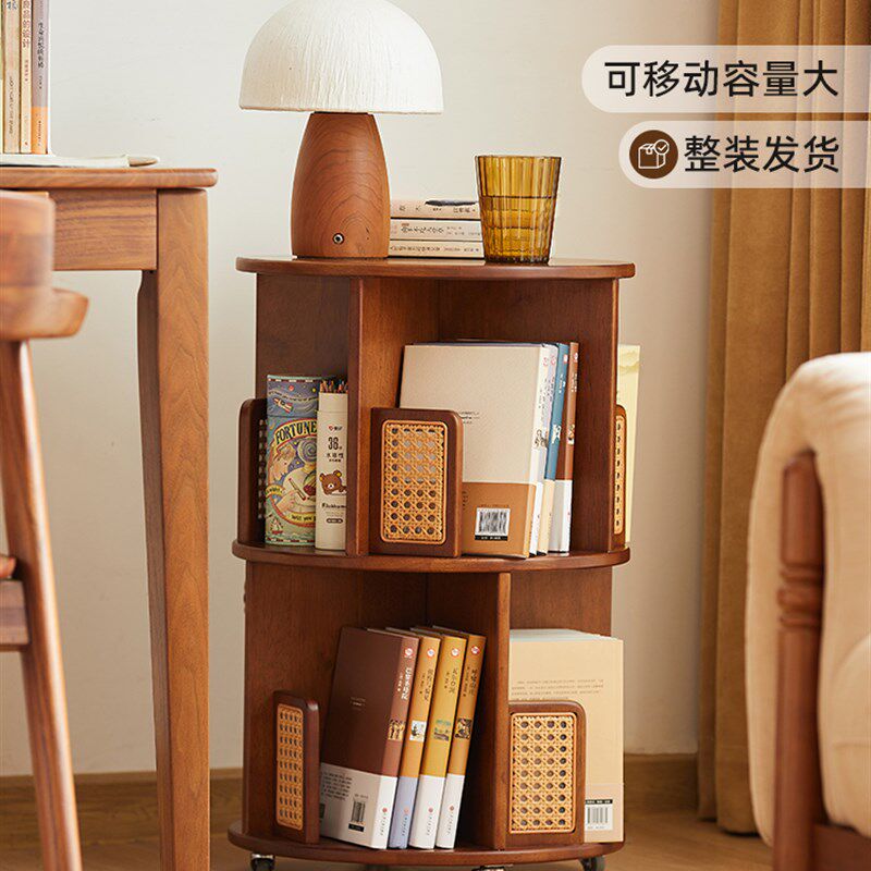 中古风旋转书架实木圆形房间展示架可移动一体落S地置物书柜展示