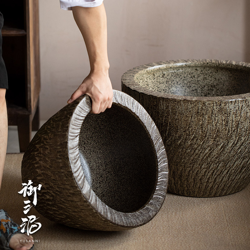 鱼缸落地摆件庭院园林现代陶瓷平口大缸粗陶手工圆坛水缸大花盆