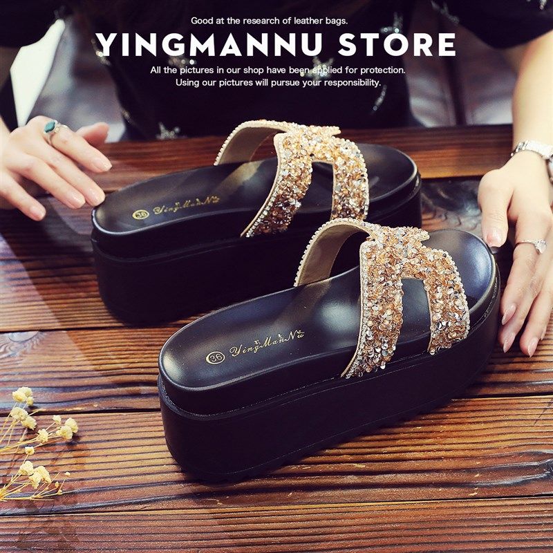 厚底水钻拖鞋女夏外穿2025新款时尚百搭松糕底沙滩凉拖小码32 34,女鞋,一字拖,淘宝优惠券,粉丝福利购,淘宝优惠卷