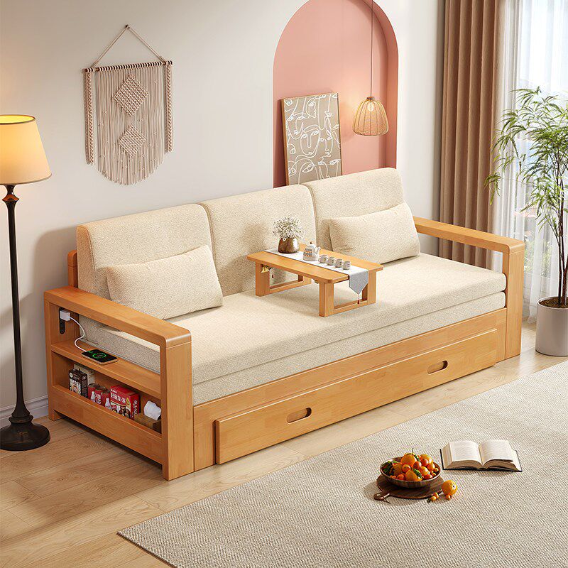 实木沙发床折叠两用橡胶木收纳储物床可伸缩N推拉小户型多功能沙