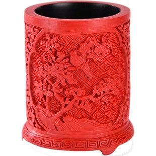 扬州漆器厂剔红雕漆朱砂工艺笔筒出国特色礼物商务纪念品摆件元旦