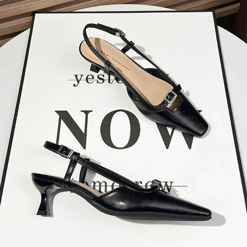 低跟方头凉鞋女夏季2025年新款黑色职业一字带包头后空工作高跟鞋