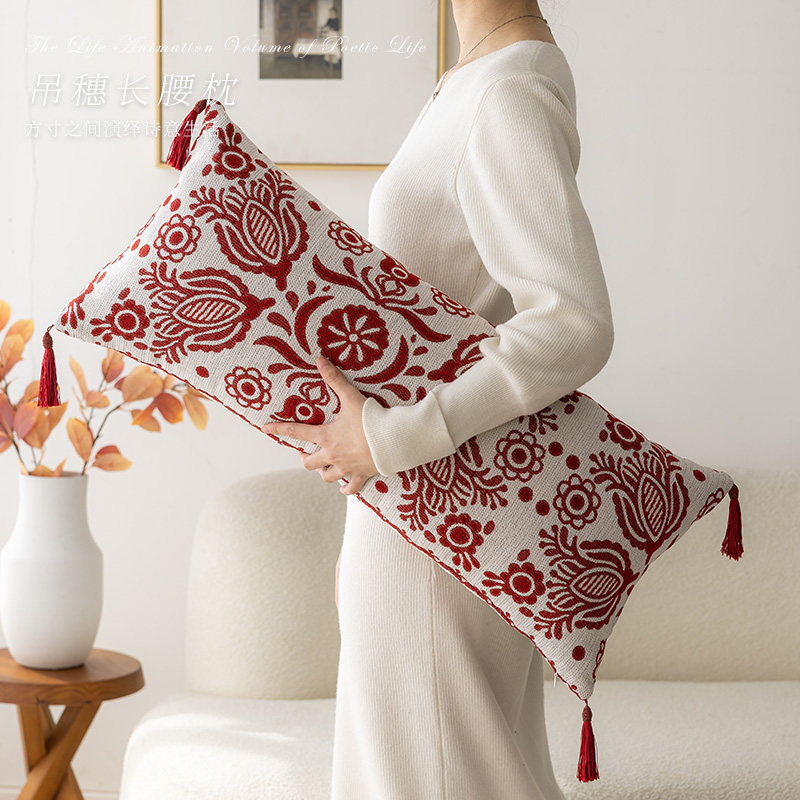 波西米亚沙发长方形靠枕新年长条靠背垫卧室红色抱枕床头睡觉靠垫
