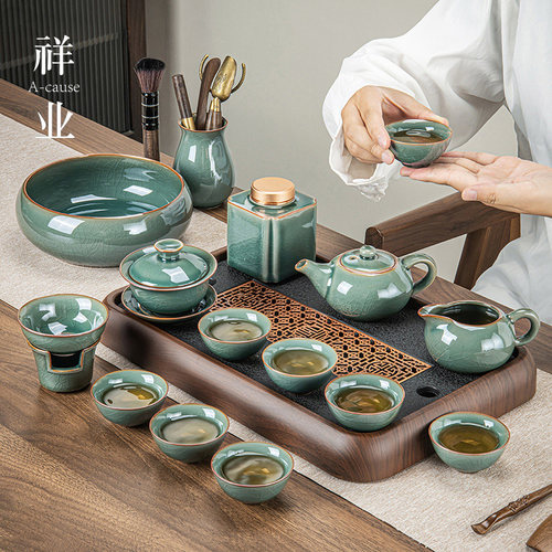 哥窑功夫茶具套装家用o办公会客陶瓷中式茶壶茶杯高档泡茶用品大