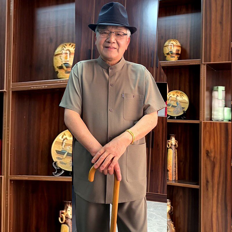 春季中老年男士多口袋套装爸爸薄款长袖衬衫松紧腰长裤夏季爷爷装