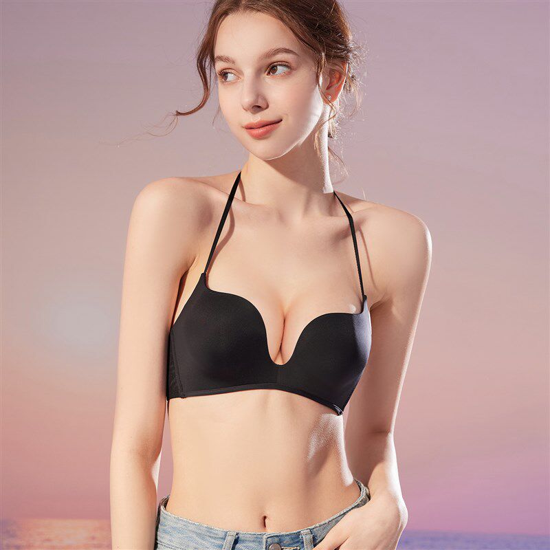 挂脖美背内e衣女夏薄款小胸聚拢显大深V无痕隐形细肩带露背文胸