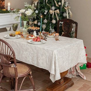 法式桌布亚麻提花纯色高级感长方形餐桌台布盖布现代简约茶几桌布