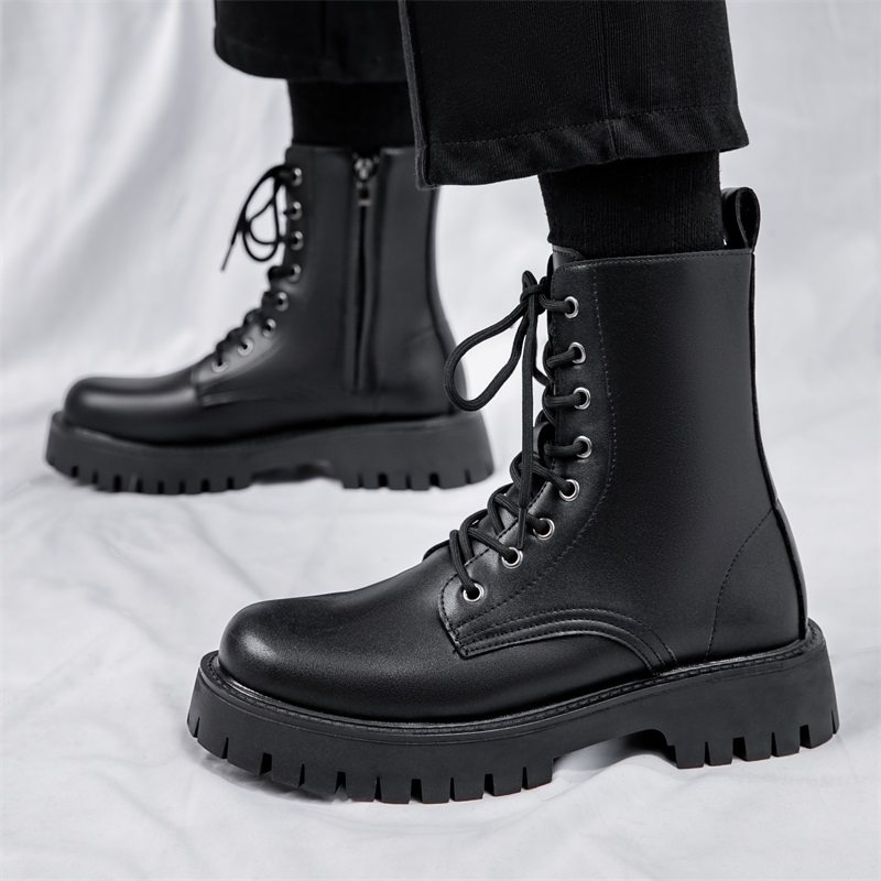 马丁靴男式夏季透气八孔拉链款英伦风长筒透气高帮皮鞋工装机车靴