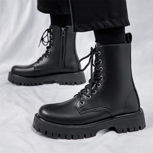 工装 马丁靴男式 英伦风长筒透气高帮皮鞋 透气八孔拉链款 机车靴 夏季