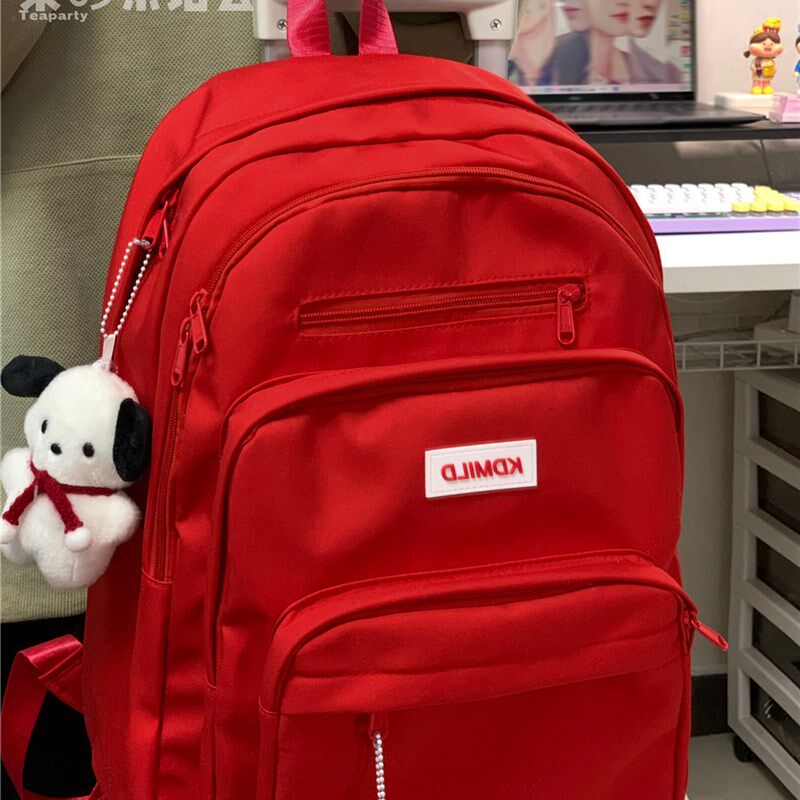 书包女大学生大容量多层设计高中学生校园双肩包红色宝藏揹包