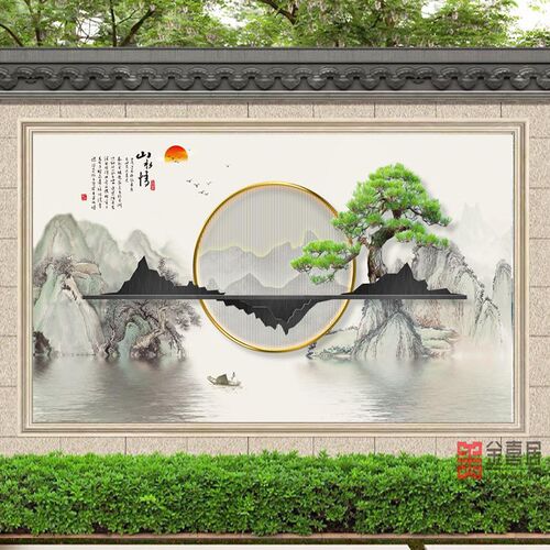 农村迎门墙福字外墙照壁瓷砖庭院影壁装饰室外背景围墙壁画自建房