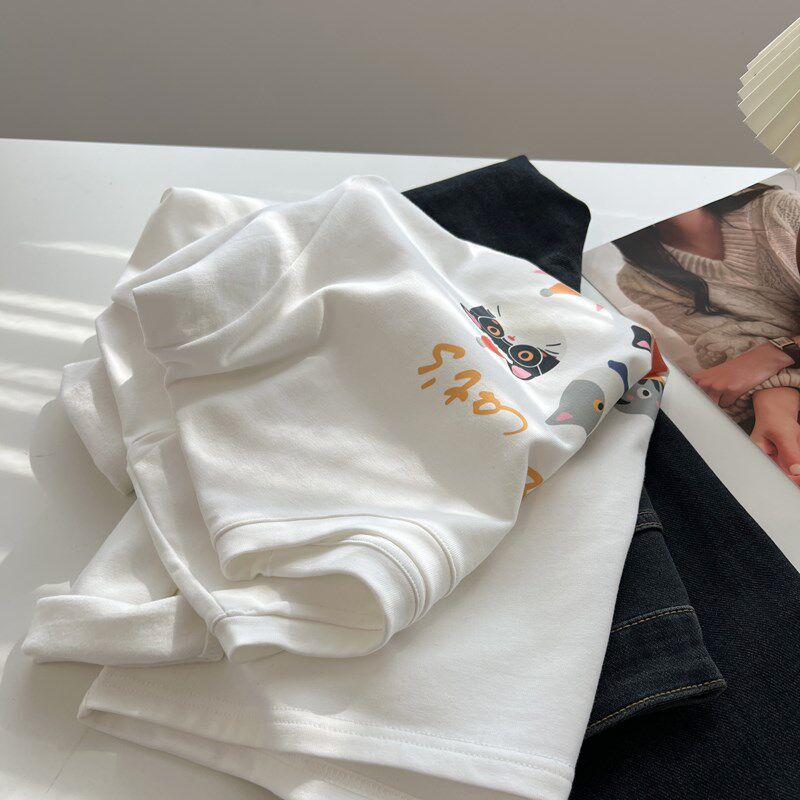 韩版卡通小猫印花圆领白色长袖T恤女宽松慵懒磨毛减龄打底衫冬季