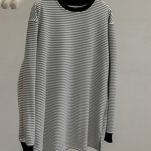 休闲又有质感~韩版冬季磨毛条纹长袖T恤女宽松百搭中长款打底衫潮