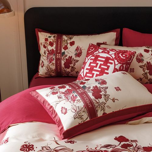 A类高档婚庆四件套大红喜被全棉中式印花结婚房嫁礼床单床上用品4