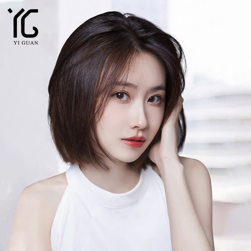 蕾丝偏分假发女短发m真人发丝时尚无痕全头套式真发自然全头假发