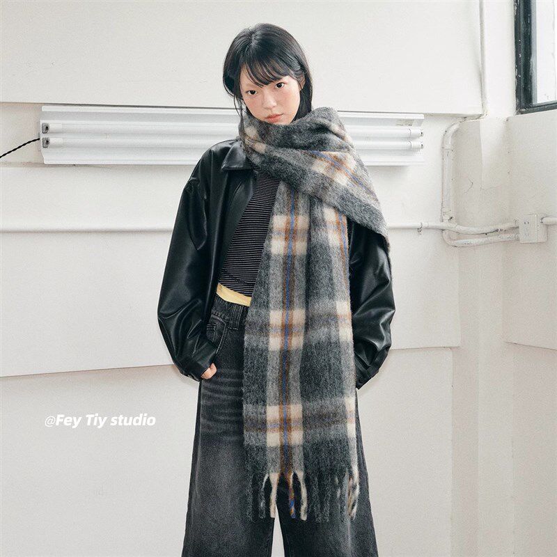 feytiy 英伦格子马海毛围巾秋冬季保暖防寒披肩男T女百搭韩国ins