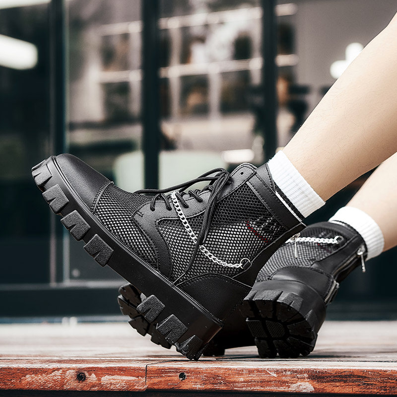 夏季内增高鞋男10cm马丁靴男高帮夏天透气网面镂空厚底高跟男靴子