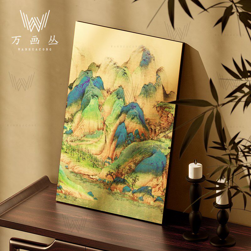 木质手绘漆画 画千里江山p图肌理装饰画 画玄关客厅挂画 画书房饭