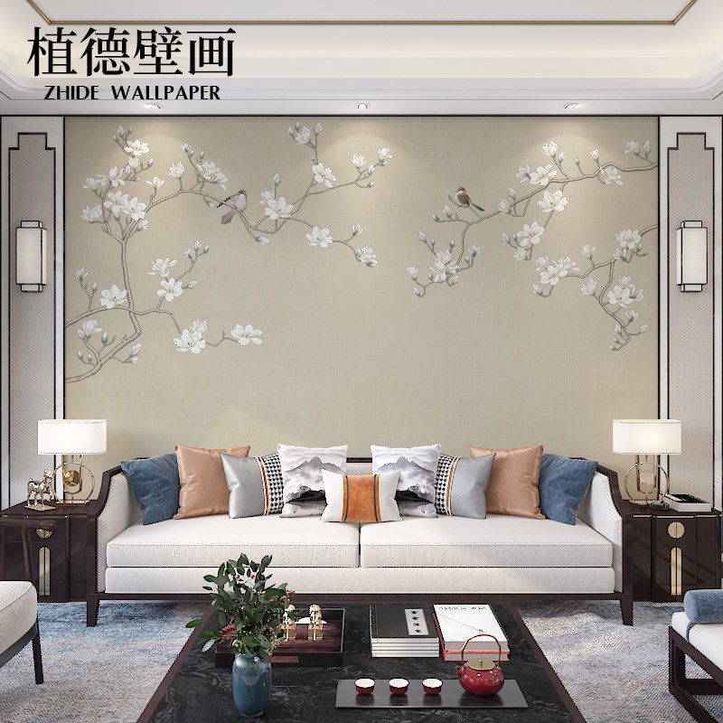 新中式工笔花鸟电视背景墙壁纸客厅沙发卧室装D饰墙纸壁画私人定