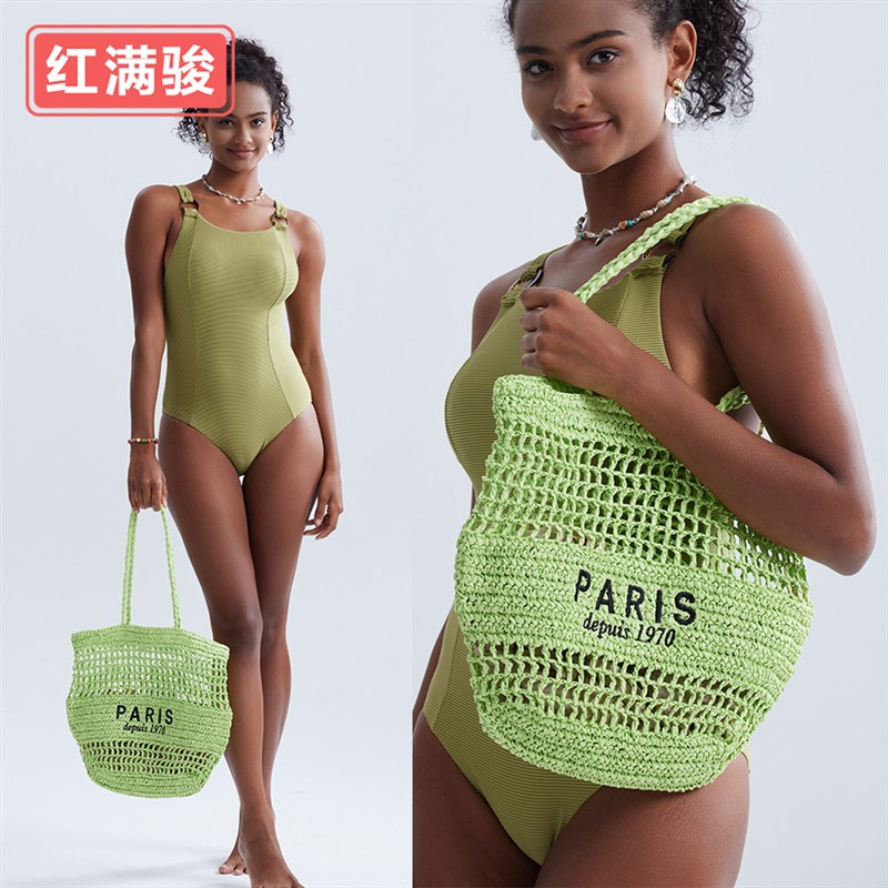 新款刺绣字母镂空草编手提包女大容量手工编织单肩包小众菜篮子包