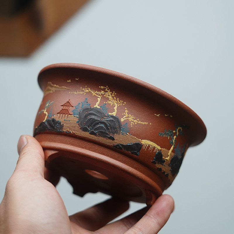 玖紫轩吴化明紫砂花盆精品名家全手工堆绘雀梅盆景多肉金弹子桌面