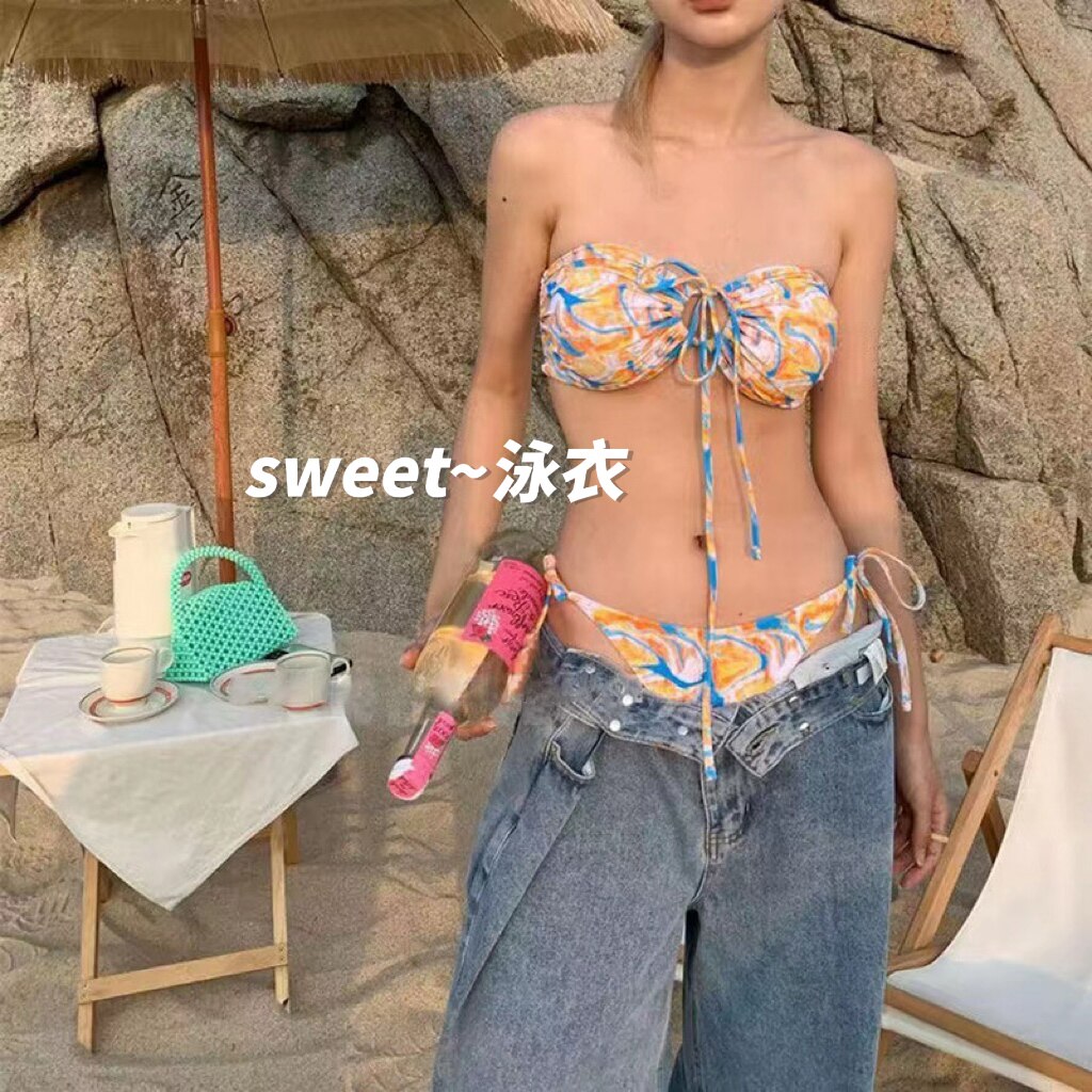 Sweet泳衣女橘色印花绑带纯欲性感三点式聚拢海岛沙滩度假比基尼