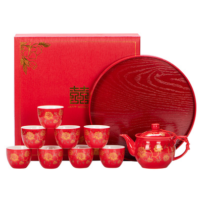 婚庆茶具套装带托盘家用茶壶茶杯结婚送礼陪嫁大号敬茶壶改口茶杯