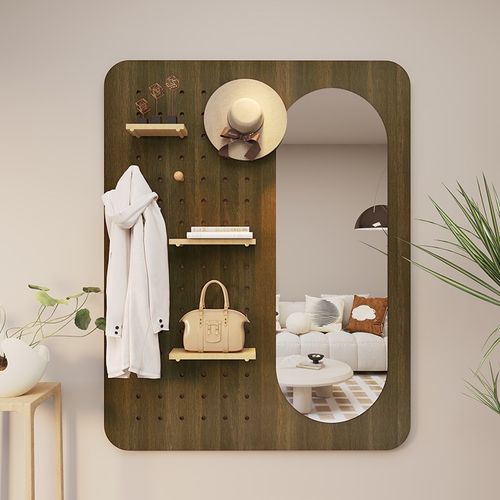 洞洞板穿衣镜置物架入户玄关墙面遮挡桌面收纳实木展示架