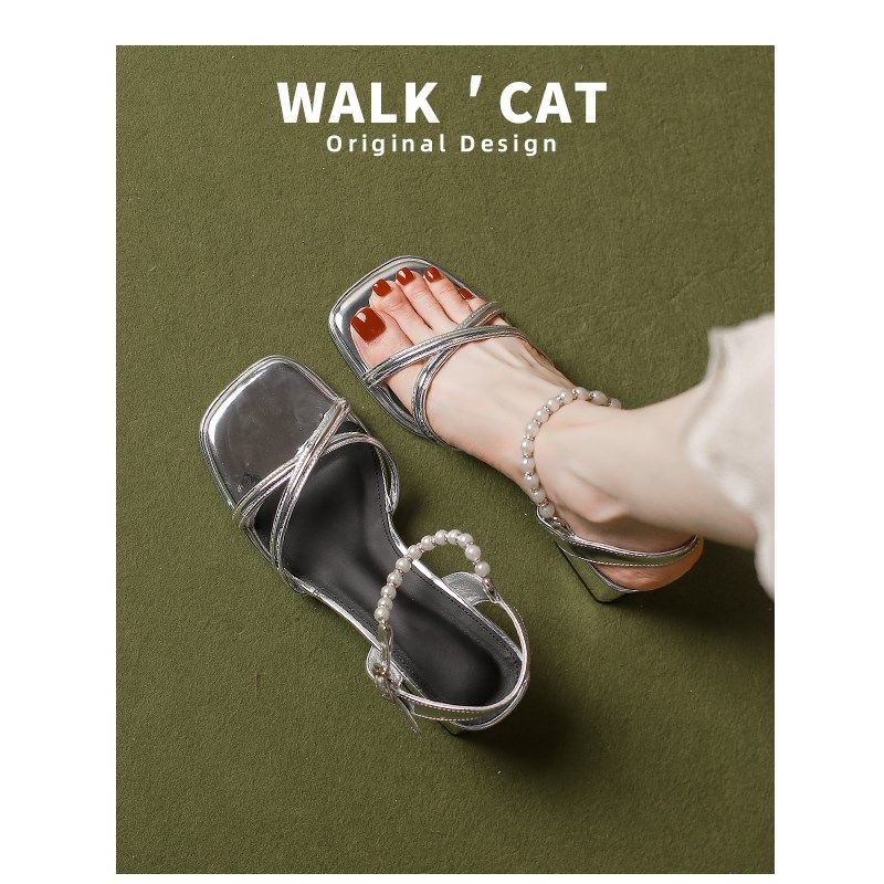 露趾凉鞋女2024年夏季新款法式仙女风一字粗跟珍珠交叉绑带高跟鞋,女鞋,一字带凉鞋,淘宝优惠券,粉丝福利购,淘宝优惠卷