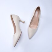 气质米白色单鞋 4cm 女202W5年新款 女软皮高跟鞋 细跟6cm杏色高跟鞋