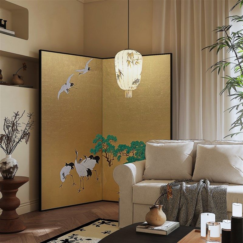 定制手绘仙鹤漆画屏风客厅办公室折叠移动玄关中式金箔隔断背景墙