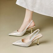 小众金色包头后空m凉鞋 女夏季 一脚蹬新网红国风外穿细跟尖头高跟