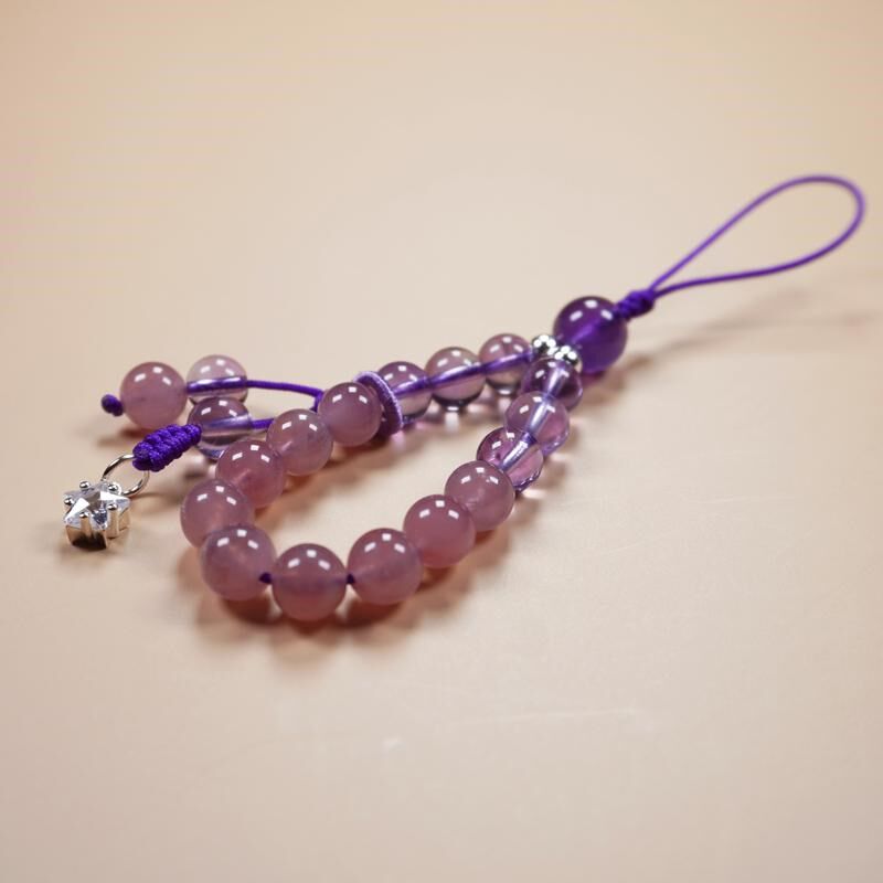 天然紫水晶手机链女短款银饰小挂件甜美粉水晶挂绳手工编织指环扣