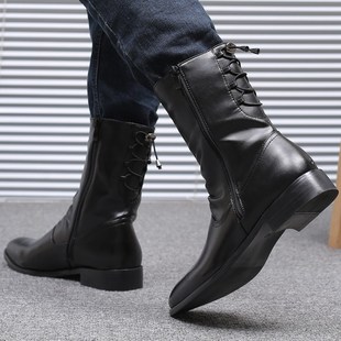 潮流皮靴时尚 长筒男靴韩版 英伦中筒马丁靴 百搭尖头高帮皮鞋 春秋季