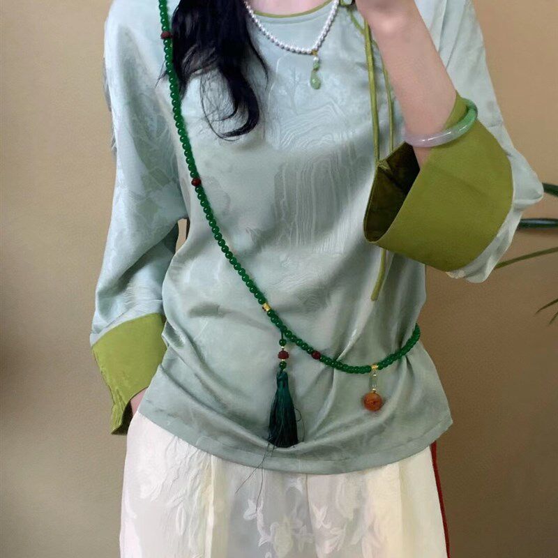 秋款国风b春意盎然衬衣女薄荷绿 白色 粉色 XL-4XL