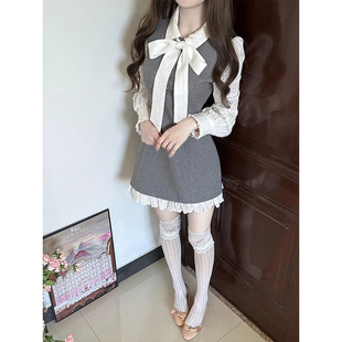 法式富家千金感假两件长袖连衣裙女秋季新款高级感气质收腰短裙子