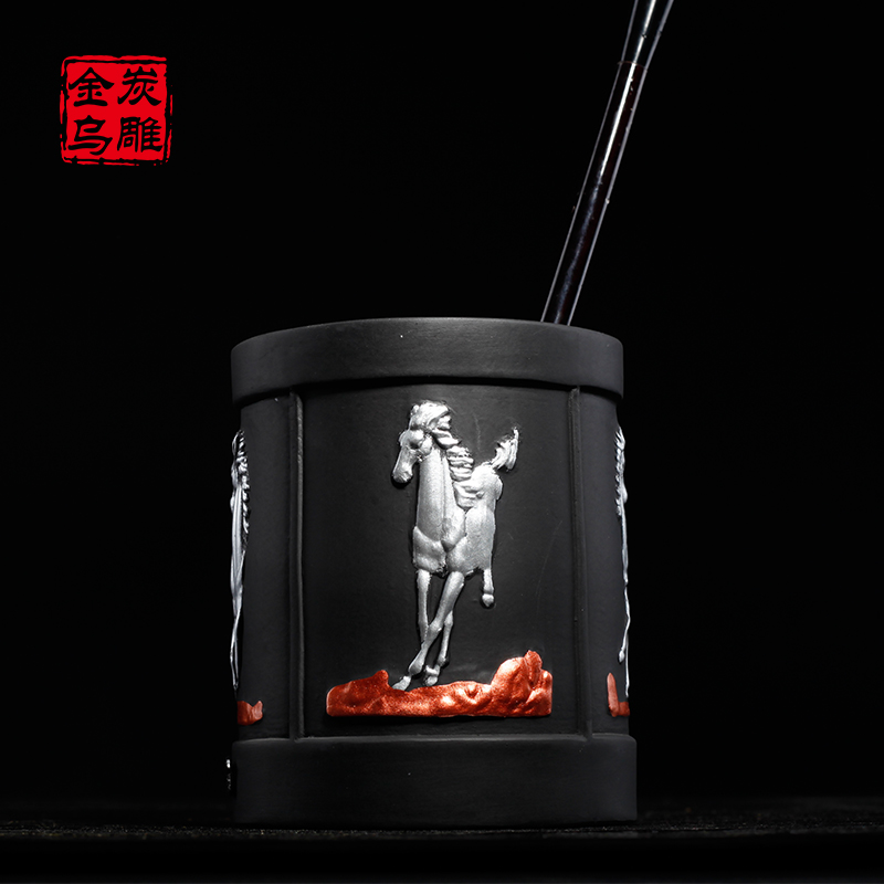 金乌炭雕 锦绣前程办公室笔筒工艺品商务礼品创意书桌装饰品