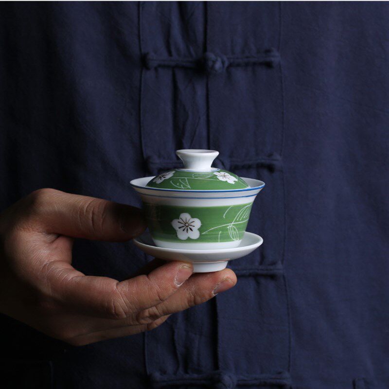 老货潮州功夫茶盖碗温釉下彩手绘冲茶碗小巧两杯杯