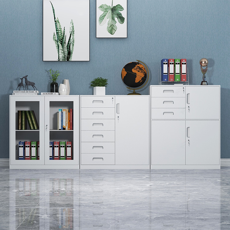 钢制玻璃门带抽屉锁办公档案文件柜员工落地铁皮资料储物收纳矮柜