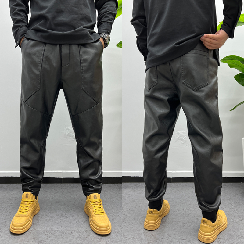 秋冬季款男士皮裤外卖骑手保暖抗寒防雨哈伦裤骑行冲锋裤防风裤