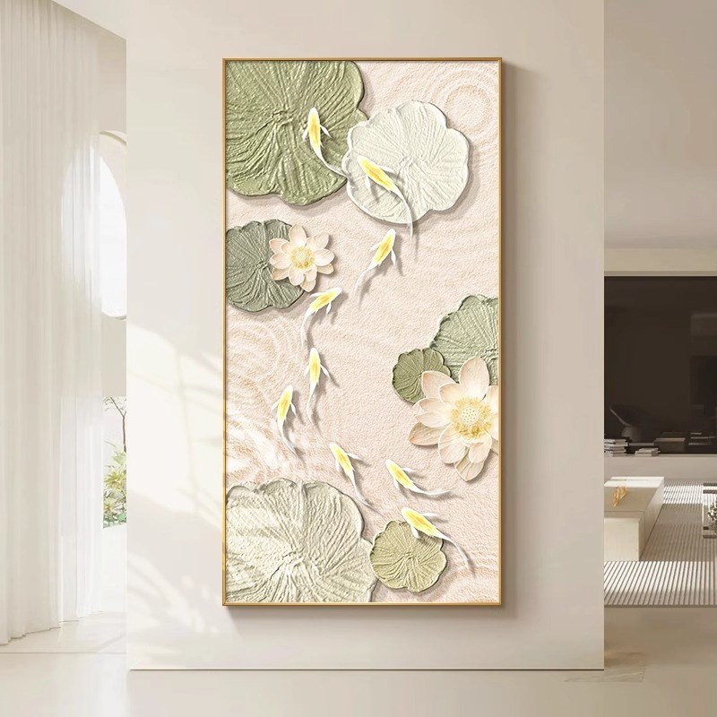 荷花九鱼图玄关装饰画简约现代客厅入户门墙壁画走廊过道尽头挂画图片