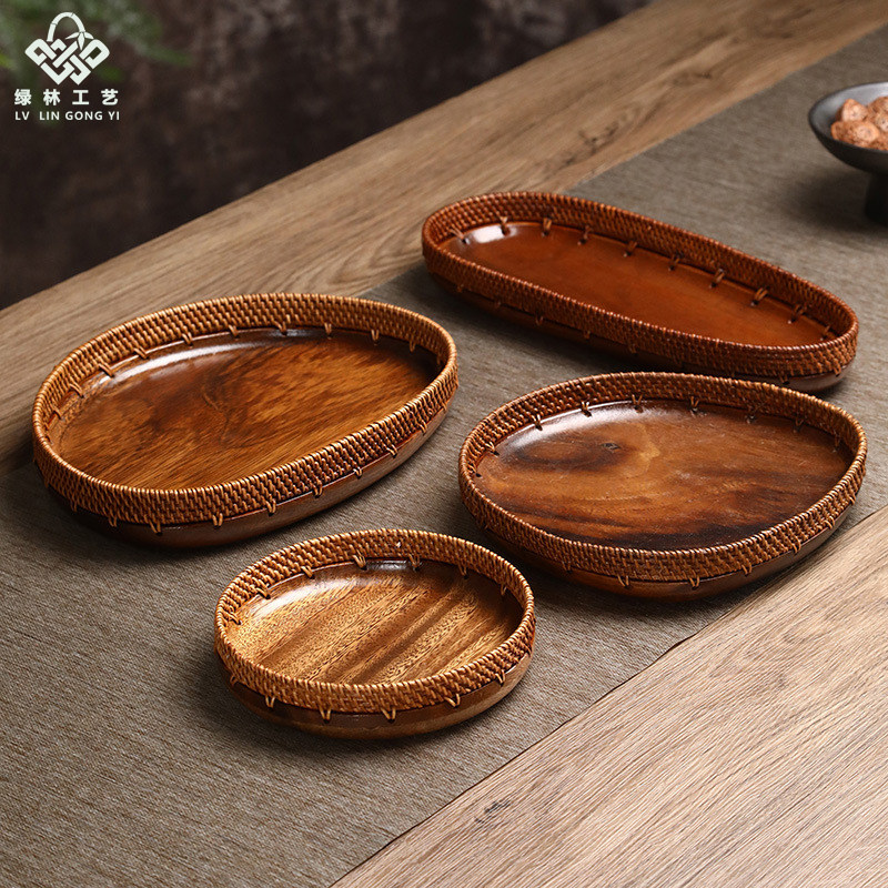 日式藤编复古茶盘手工黑胡桃木果盘酒店茶楼点心托盘桌面小收纳篮,餐饮具,果盆/果盘/果篮,淘宝优惠券,粉丝福利购,淘宝优惠卷