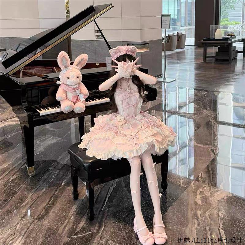 Lolita哥特蓝色挂脖连衣裙