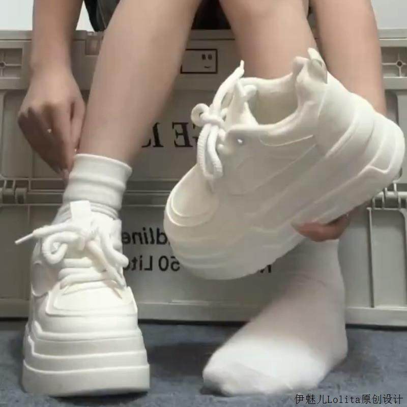 白色运动鞋女大学生高中生松糕厚底小白鞋圆头系带面包板鞋休闲鞋