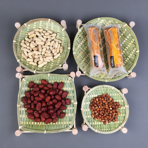 手工竹编果盆果盘果篮家用茶点盘零食筐托盘带底座小竹篮木架簸箕