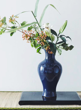 陶瓷花瓶摆件窑变蓝色瓷瓶创意小原流器皿空间客厅插花中式家居