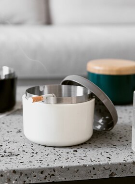 宏利不锈钢烟灰缸竹盖圆形大容量纯色墨绿色三口设计带防尘盖